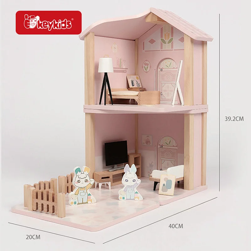 Customize pink simulated mini wooden doll house toy for kids W06A575