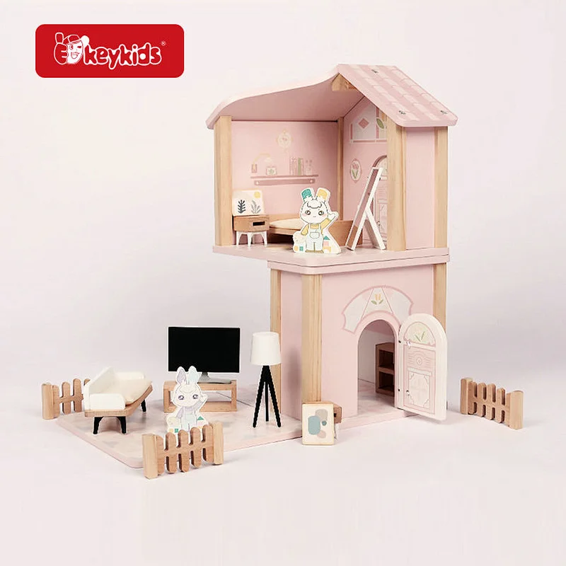 Customize pink simulated mini wooden doll house toy for kids W06A575