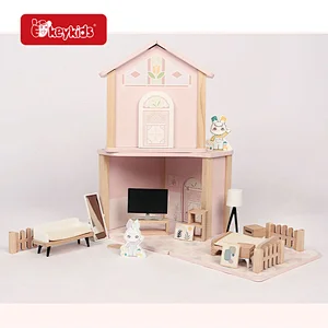 Customize pink simulated mini wooden doll house toy for kids W06A575