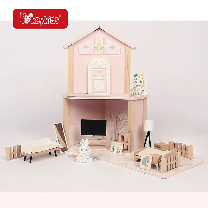 Customize pink simulated mini wooden doll house toy for kids W06A575