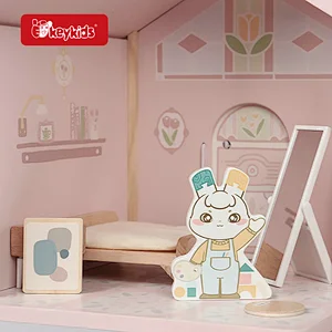 Customize pink simulated mini wooden doll house toy for kids W06A575