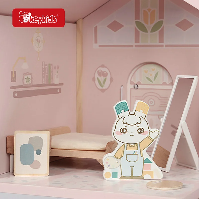 Customize pink simulated mini wooden doll house toy for kids W06A575